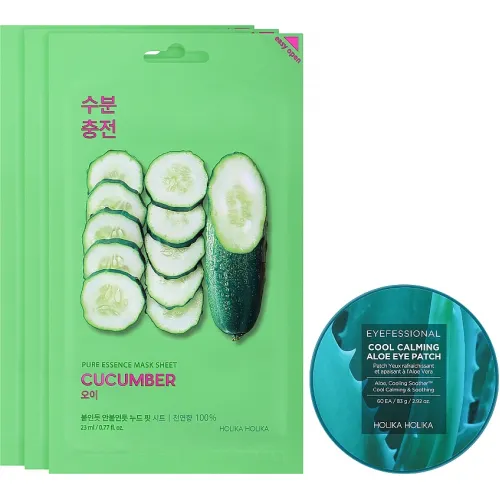 Holika Holika Eyefessional Cool Calming Aloe Eye Patch 60 sztuk 83g + 3x Pure Essence Mask Sheet - Ogórek 23ml