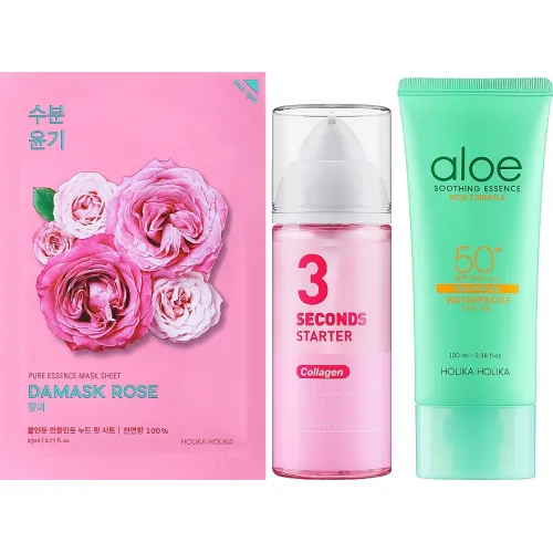 Holika Holika Aloe Wodoodporny Żel Przeciwsłoneczny 100ml + Starter 3 Sekundy (Kolagen) 150ml + Czysta Esencja Maska w Płachcie - Róża 23ml